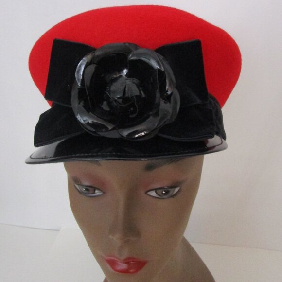 Mushroom Red Wool Visor Brim Cap Hat Patent Leather Brim Flower - Picture 5 of 14